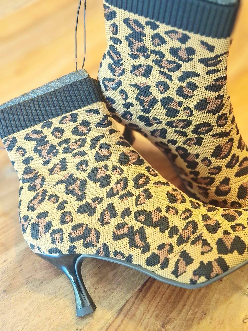 NWT Leopard Print Knit Sock Booties - Women Shoes - Black and Tan- Stylish- Fall